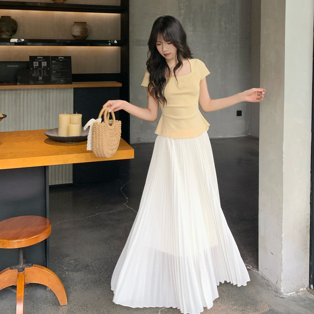 【set】バックリボントップス×プリーツスカートセット   N3654
