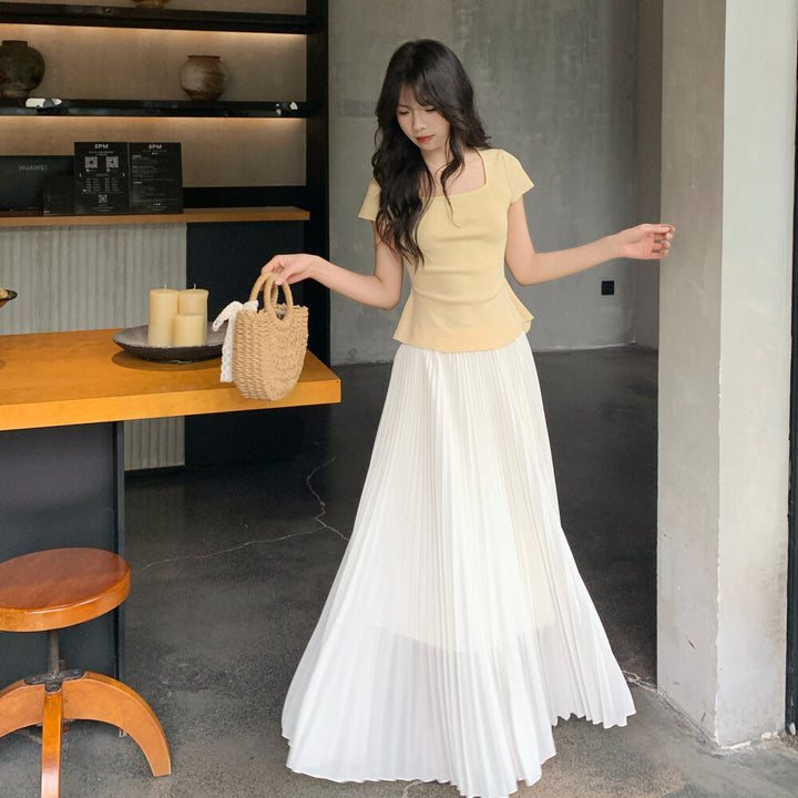【set】バックリボントップス×プリーツスカートセット   N3654