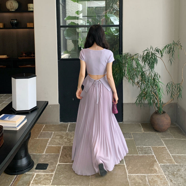 【set】バックリボントップス×プリーツスカートセット   N3654