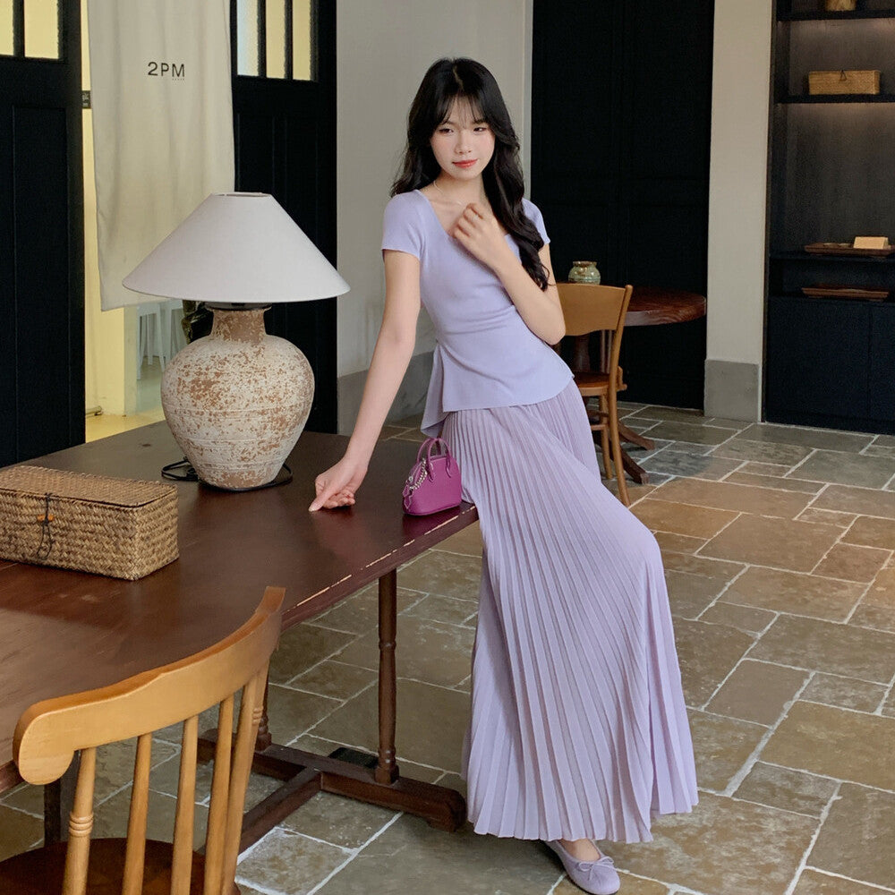 【set】バックリボントップス×プリーツスカートセット   N3654