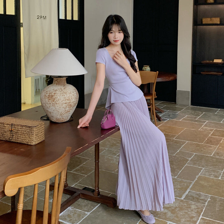 【set】バックリボントップス×プリーツスカートセット   N3654
