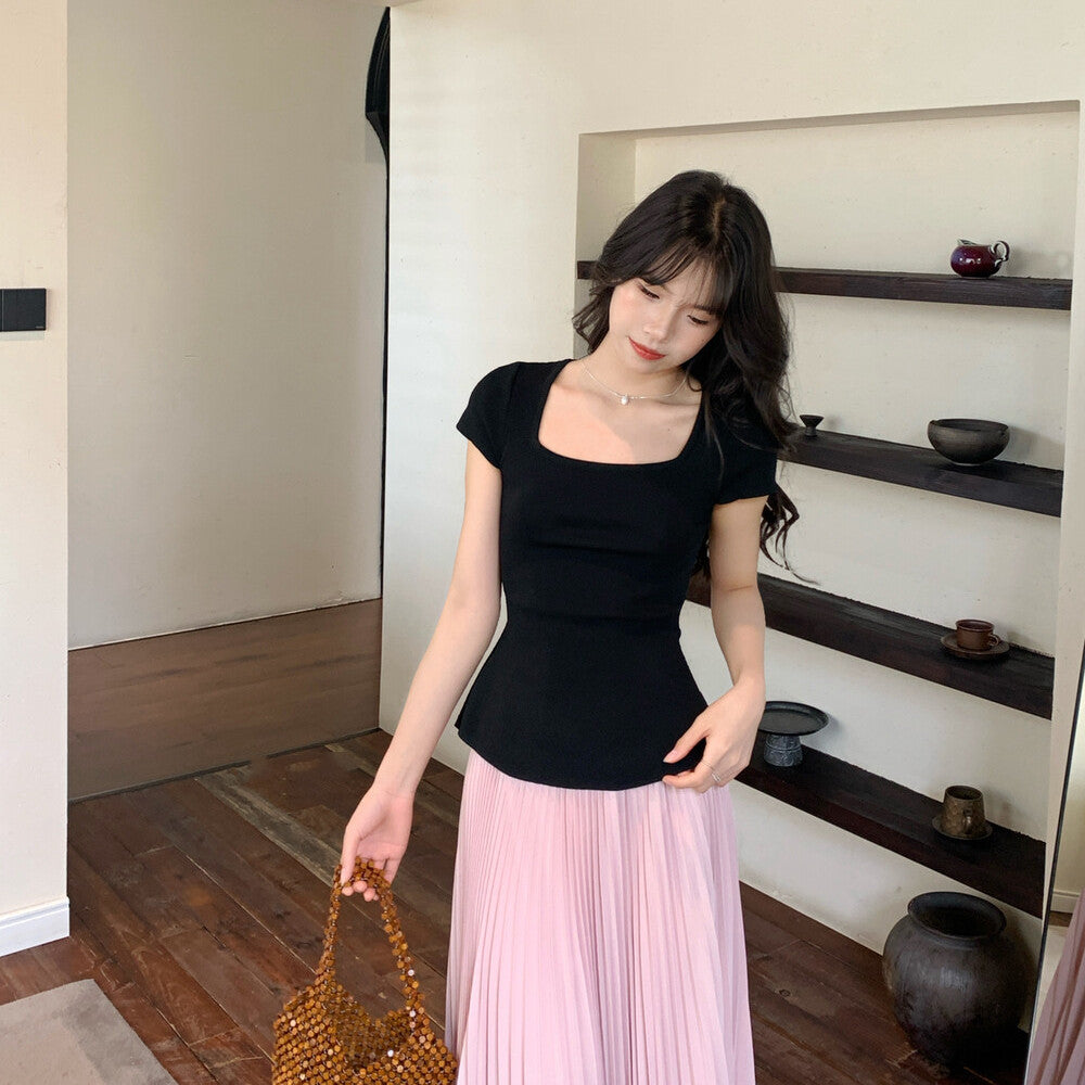 【set】バックリボントップス×プリーツスカートセット   N3654