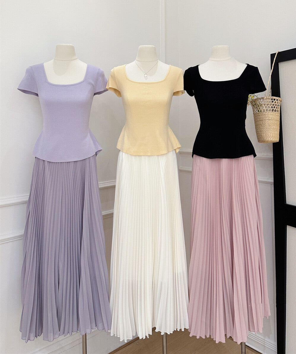 【set】バックリボントップス×プリーツスカートセット   N3654