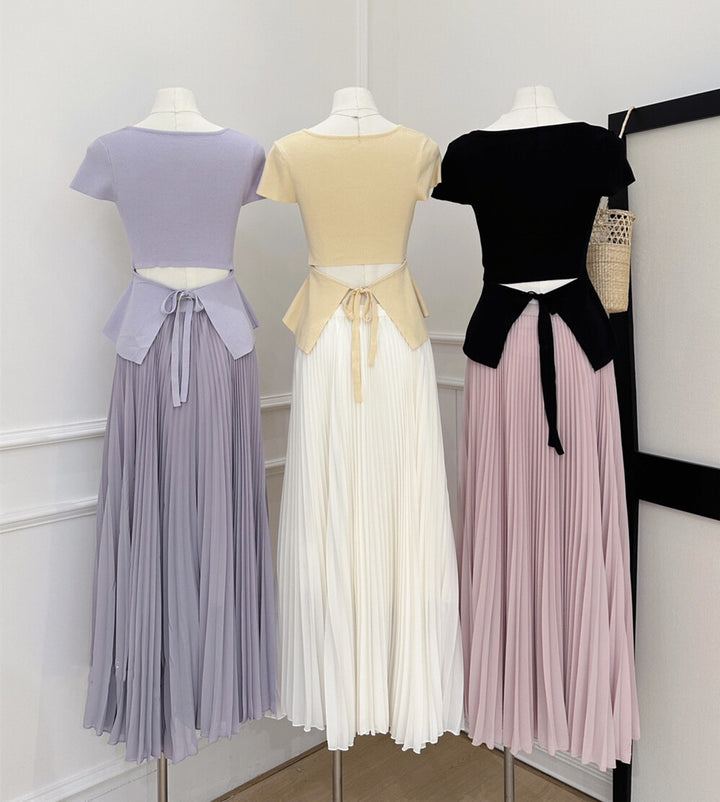 【set】バックリボントップス×プリーツスカートセット   N3654