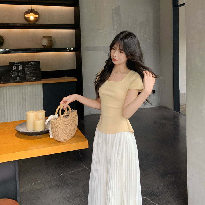 【set】バックリボントップス×プリーツスカートセット   N3654