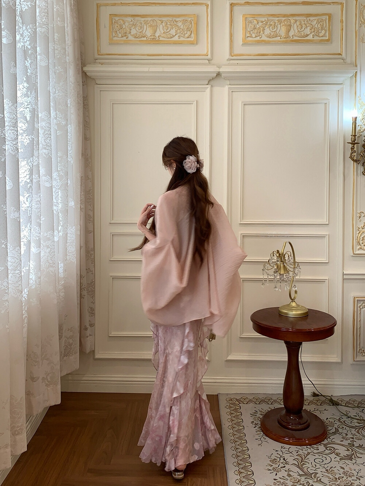 【set】ゆったりカーディガン×フリルマーメイドワンピースセット   N3655