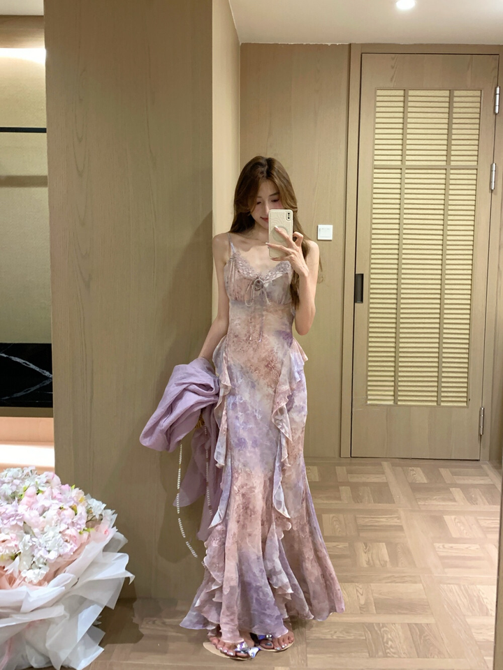 【set】ゆったりカーディガン×フリルマーメイドワンピースセット   N3655