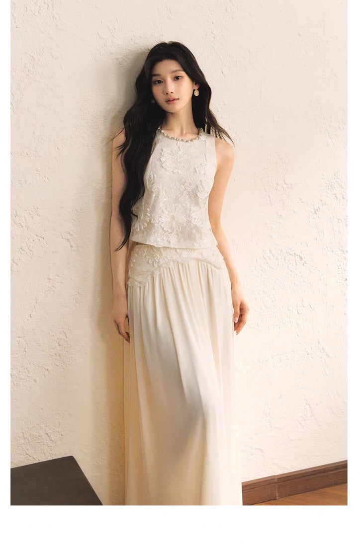 【set】レースドッキングトップス×ロングスカートセット   N3656