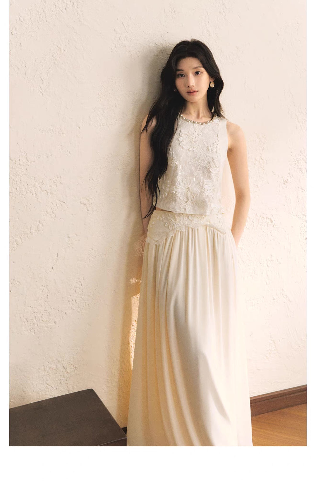 【set】レースドッキングトップス×ロングスカートセット   N3656