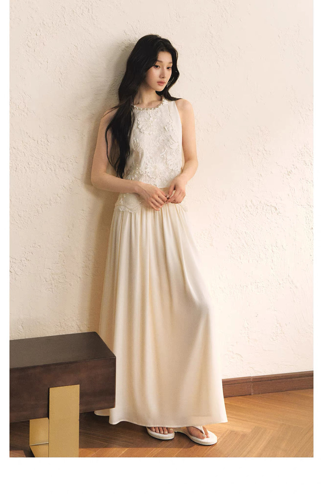 【set】レースドッキングトップス×ロングスカートセット   N3656