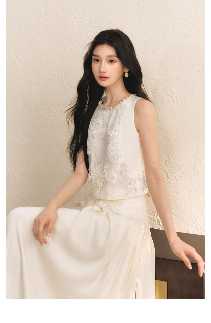 【set】レースドッキングトップス×ロングスカートセット   N3656