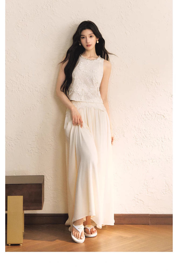 【set】レースドッキングトップス×ロングスカートセット   N3656