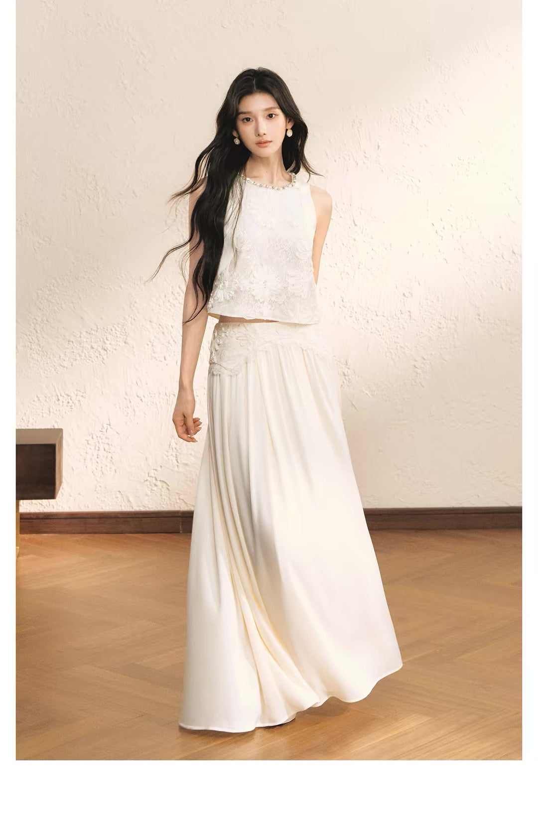 【set】レースドッキングトップス×ロングスカートセット   N3656