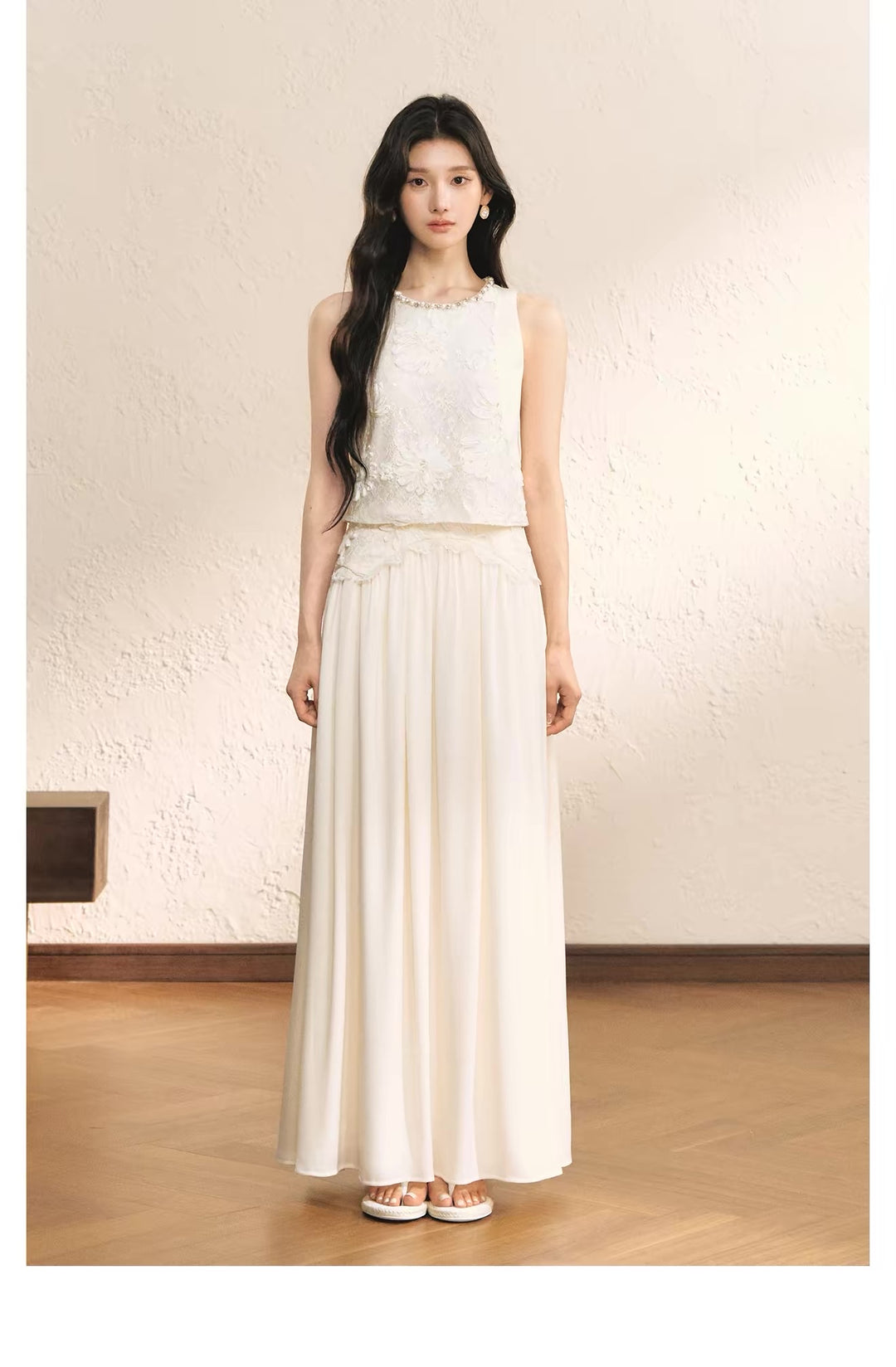 【set】レースドッキングトップス×ロングスカートセット   N3656
