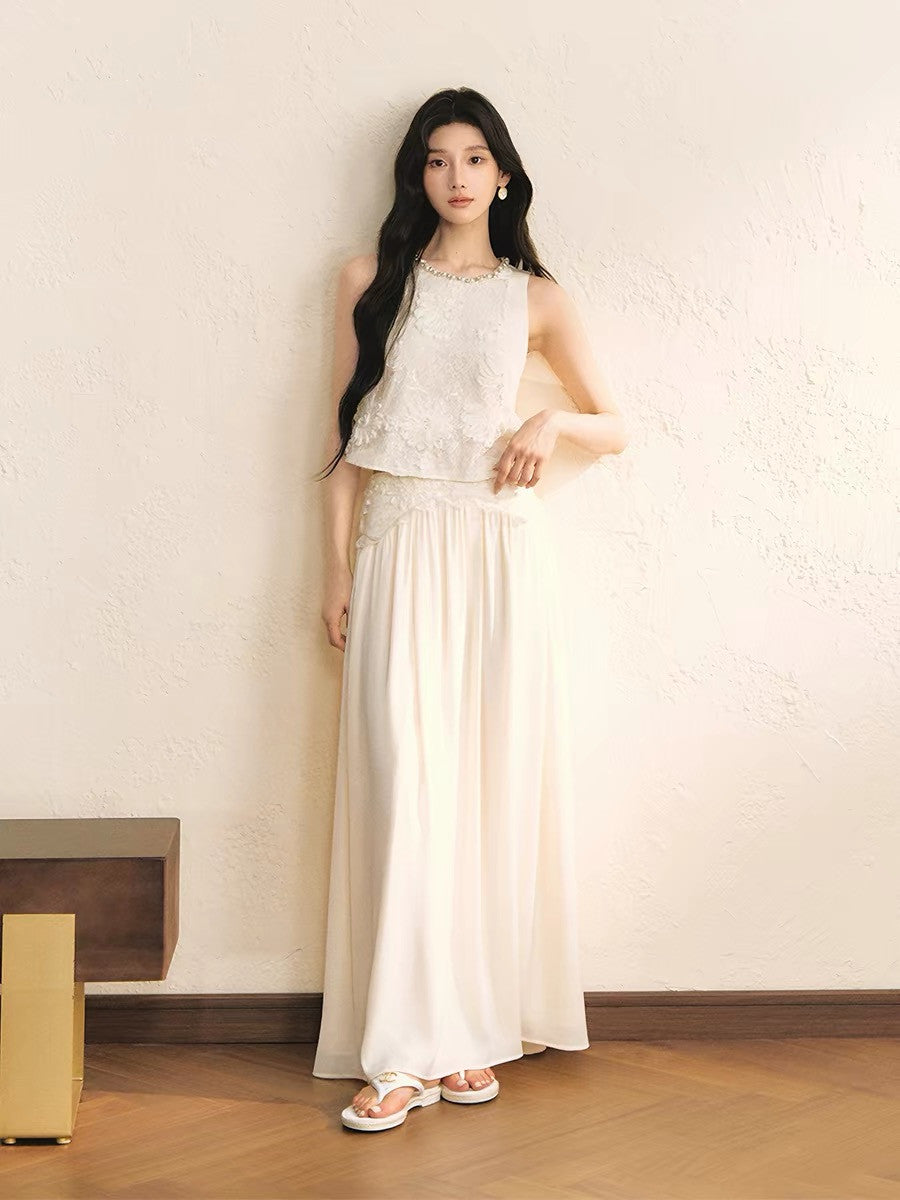 【set】レースドッキングトップス×ロングスカートセット   N3656