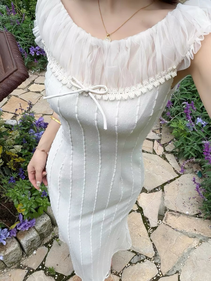 【dress】チュールドッキングロングニットワンピース　N3657