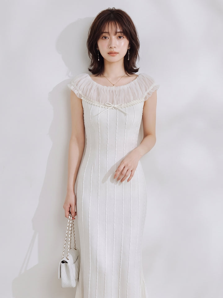 【dress】チュールドッキングロングニットワンピース　N3657