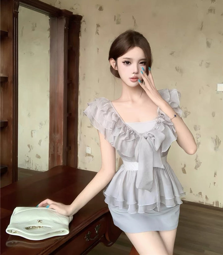 【set】フリルブラウス×キャミソール×ミニスカート3点セット   N3658