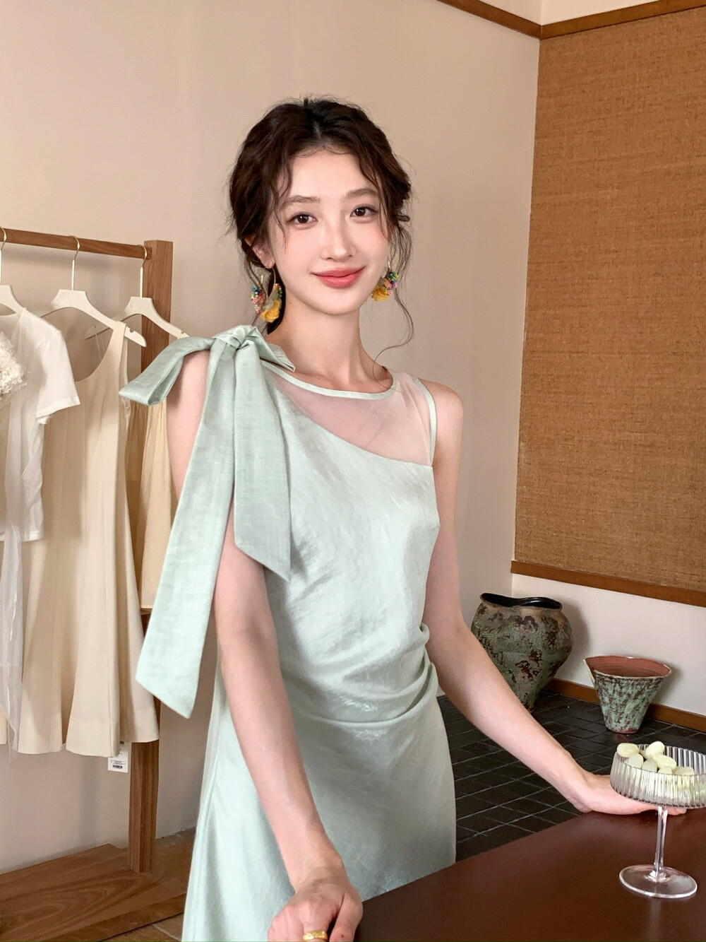 【dress】ショルダーリボンシアードッキングワンピース　N3664