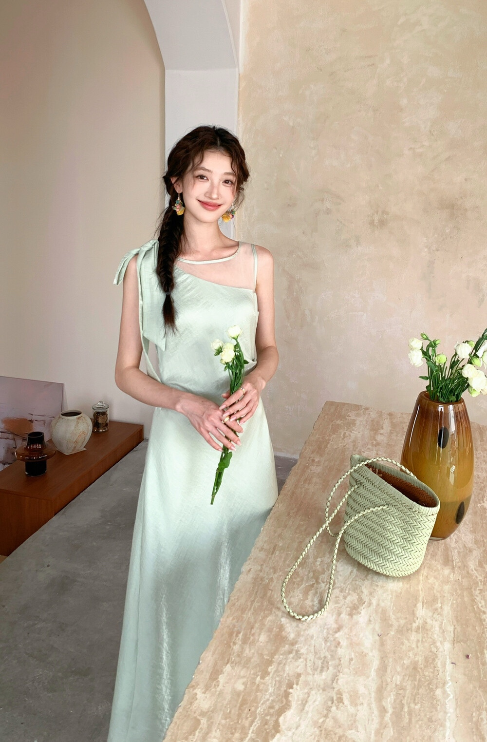 【dress】ショルダーリボンシアードッキングワンピース　N3664
