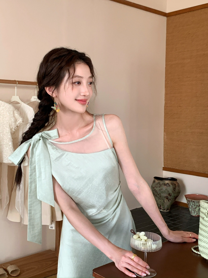 【dress】ショルダーリボンシアードッキングワンピース　N3664