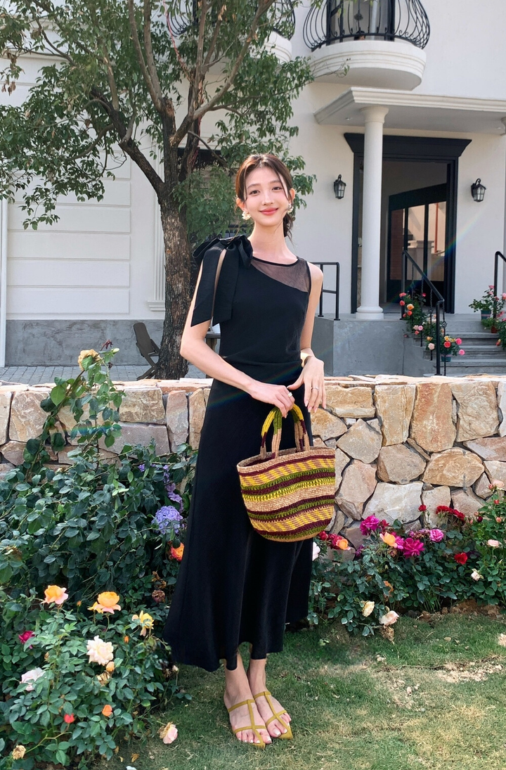 【dress】ショルダーリボンシアードッキングワンピース　N3664