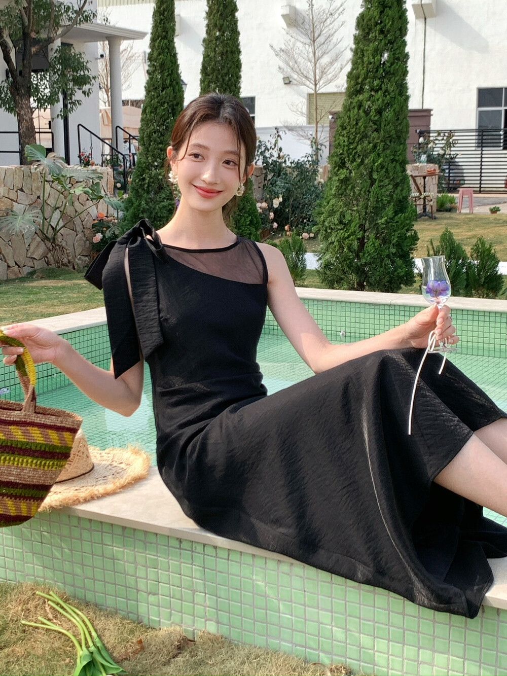 【dress】ショルダーリボンシアードッキングワンピース　N3664