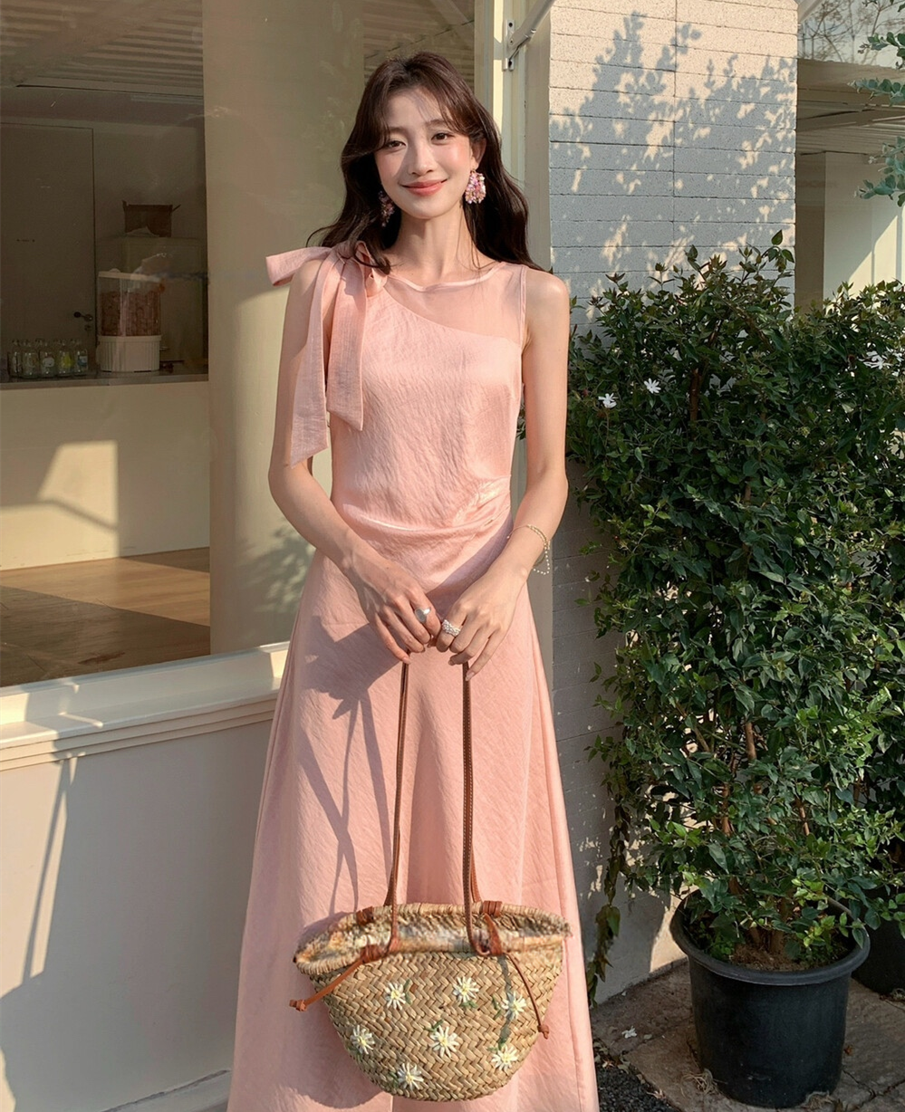 【dress】ショルダーリボンシアードッキングワンピース　N3664