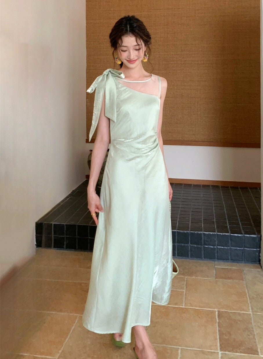 【dress】ショルダーリボンシアードッキングワンピース　N3664