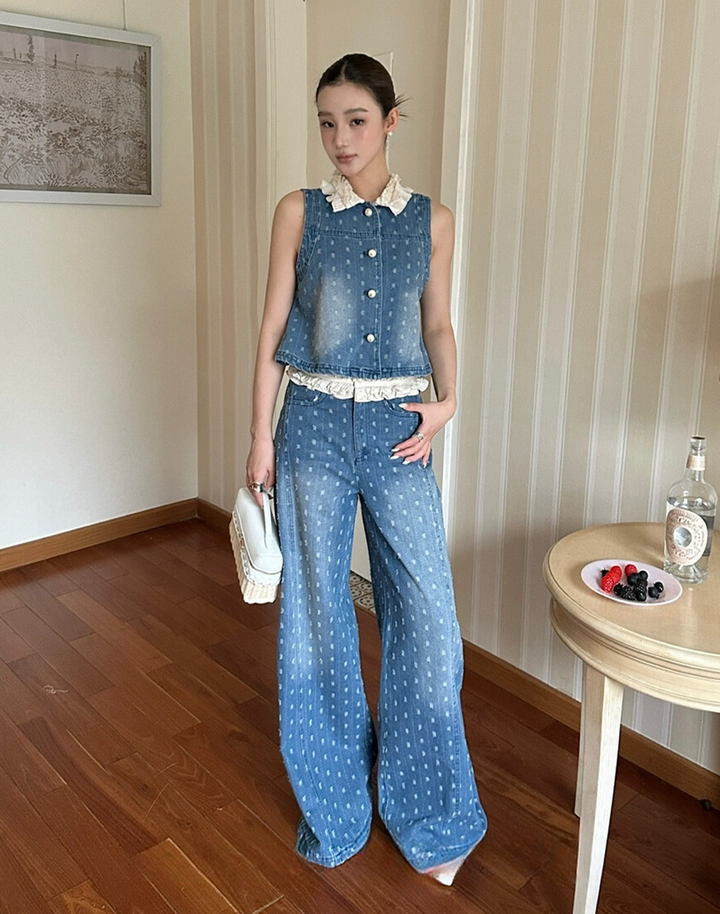 【set】レースカラーデニムトップス×デニムワイドパンツセット   N3665