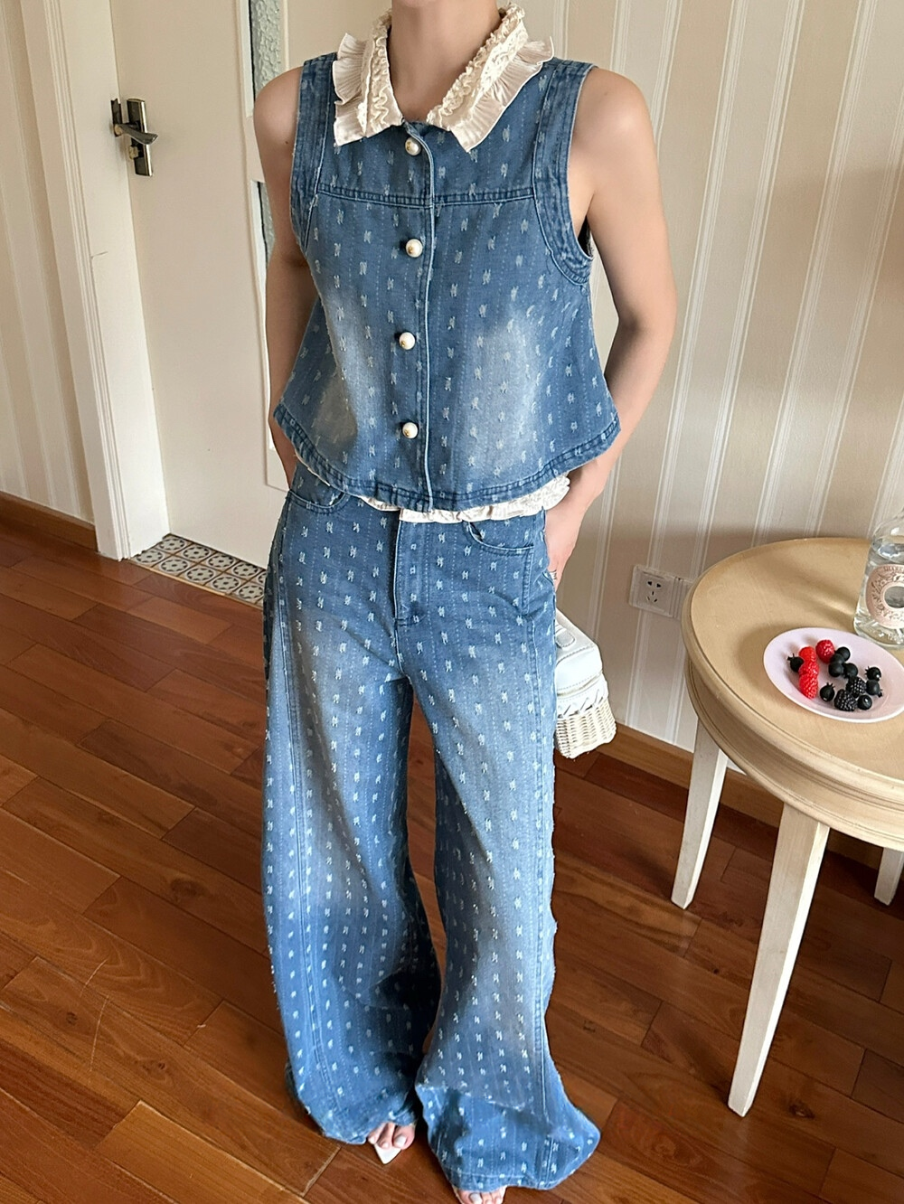 【set】レースカラーデニムトップス×デニムワイドパンツセット   N3665