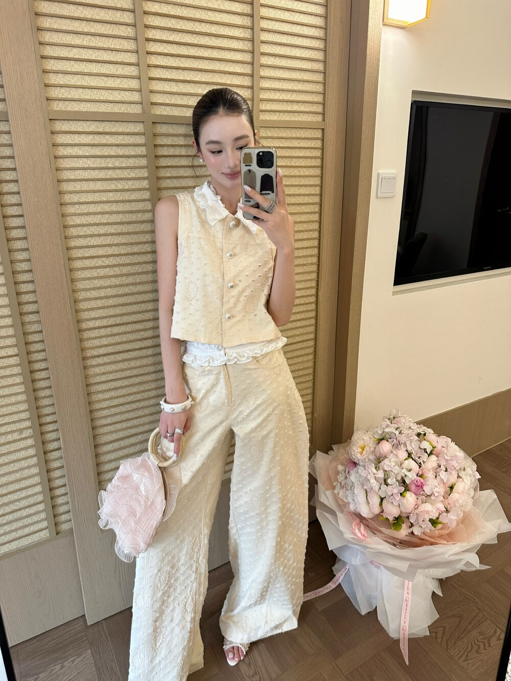 【set】レースカラーデニムトップス×デニムワイドパンツセット   N3665