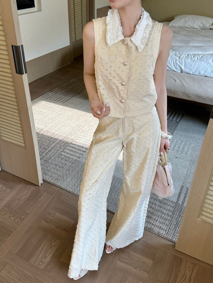 【set】レースカラーデニムトップス×デニムワイドパンツセット   N3665