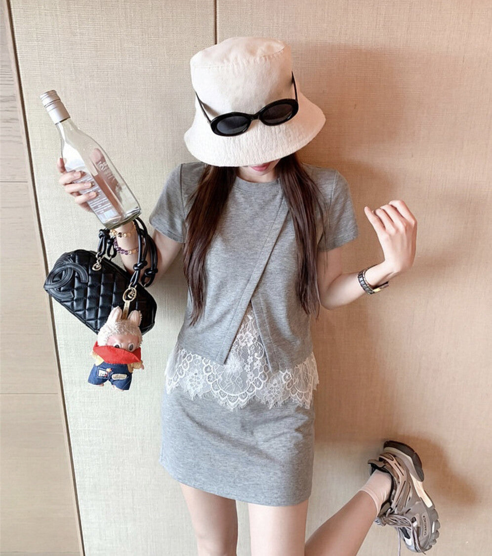 【set】レースドッキングＴシャツ×ミニスカートセット   N3666