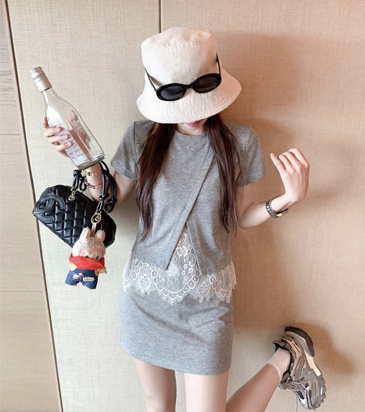 【set】レースドッキングＴシャツ×ミニスカートセット   N3666
