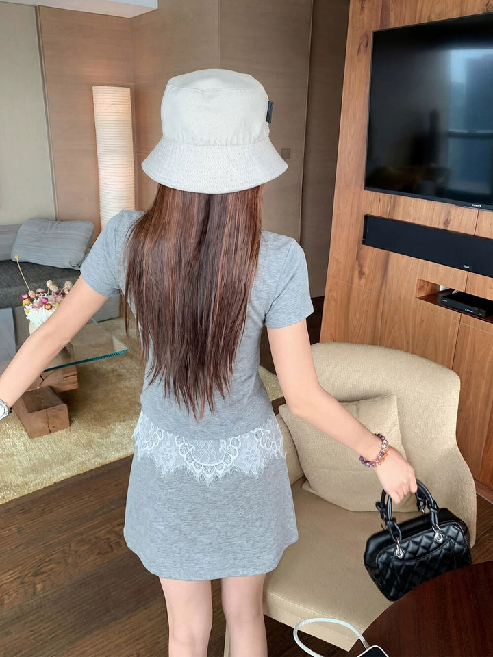【set】レースドッキングＴシャツ×ミニスカートセット   N3666