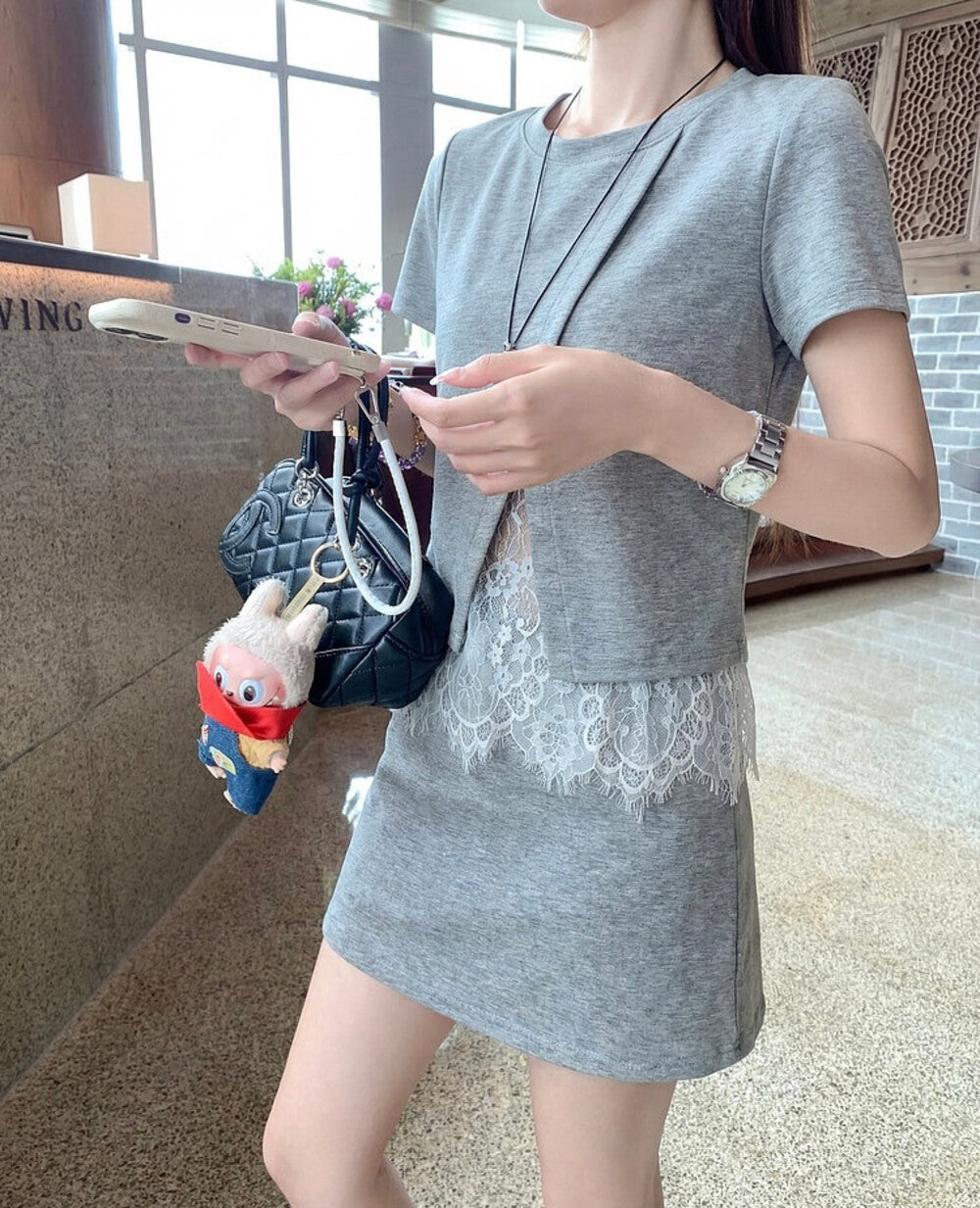 【set】レースドッキングＴシャツ×ミニスカートセット   N3666