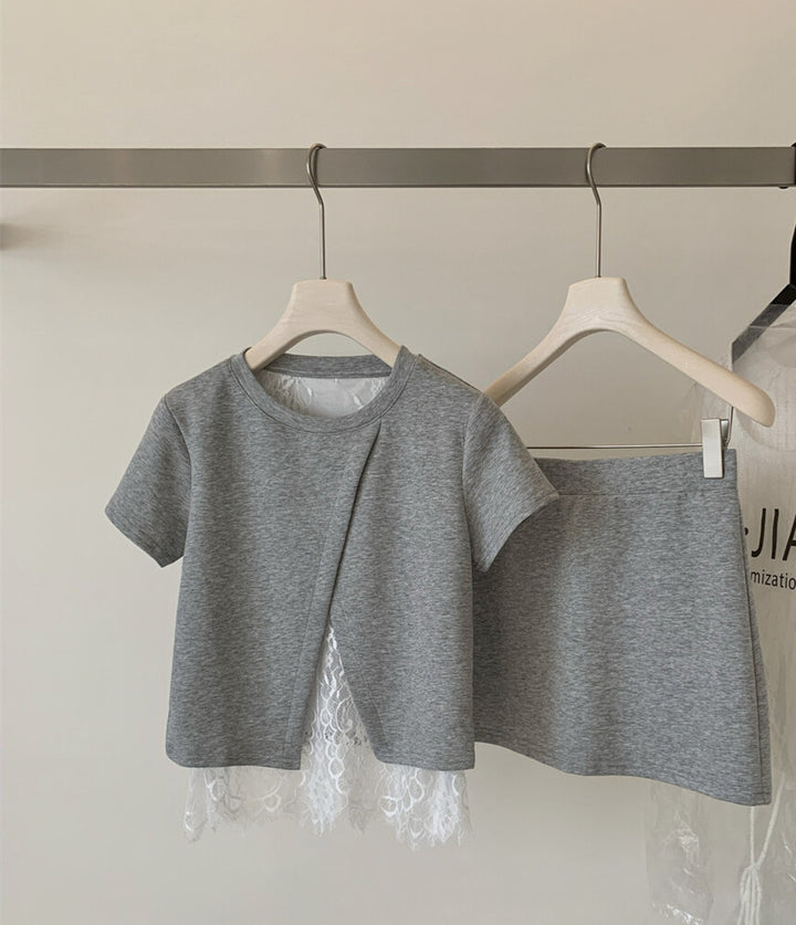 【set】レースドッキングＴシャツ×ミニスカートセット   N3666