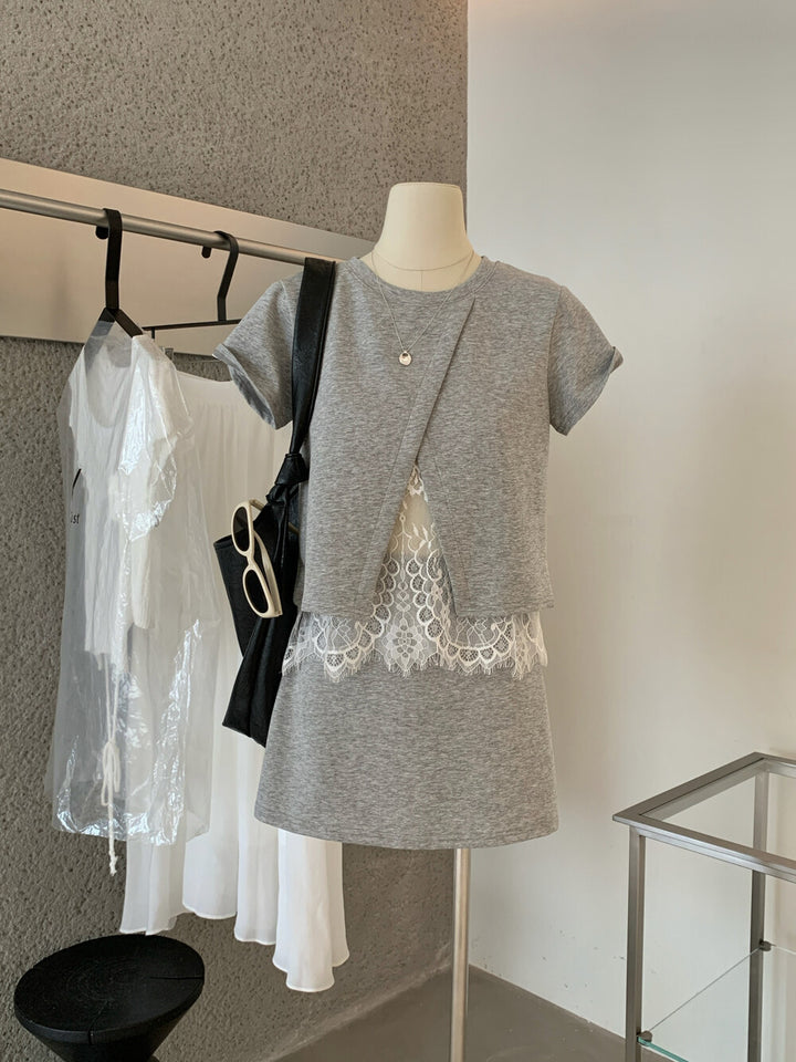 【set】レースドッキングＴシャツ×ミニスカートセット   N3666