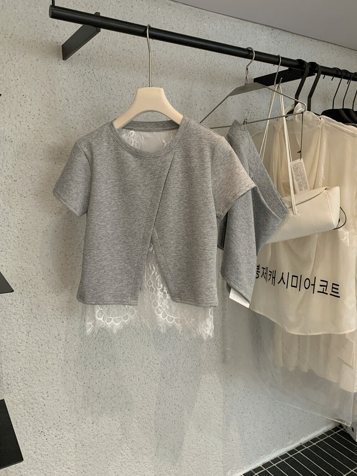 【set】レースドッキングＴシャツ×ミニスカートセット   N3666