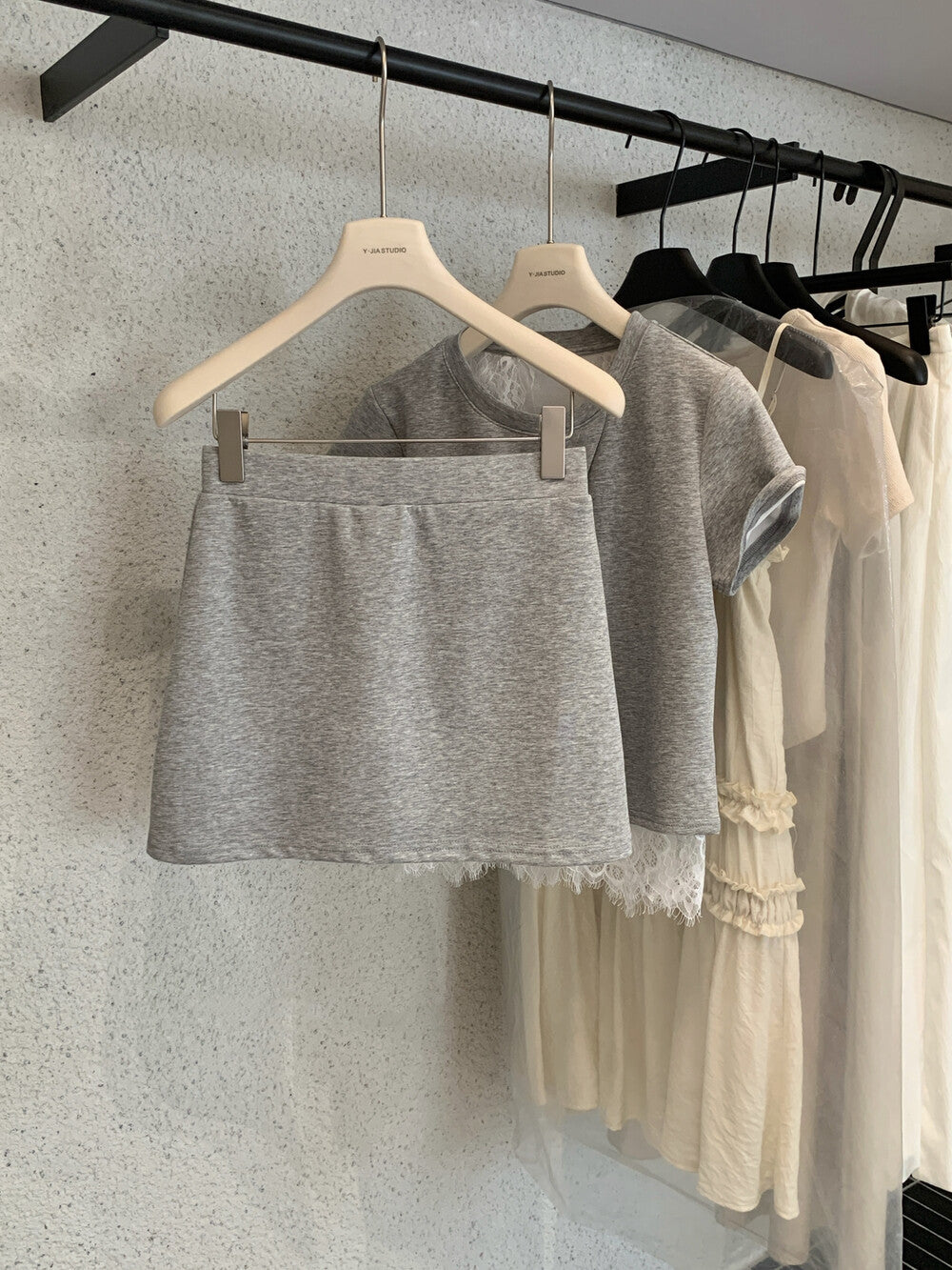 【set】レースドッキングＴシャツ×ミニスカートセット   N3666