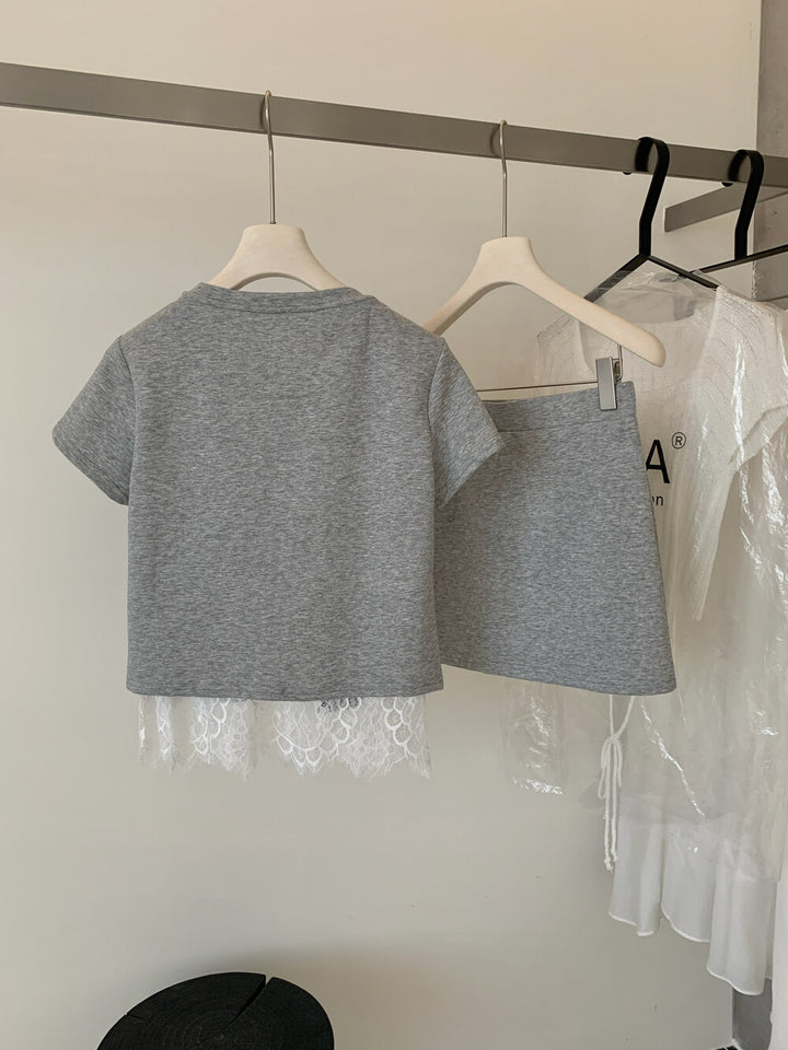 【set】レースドッキングＴシャツ×ミニスカートセット   N3666