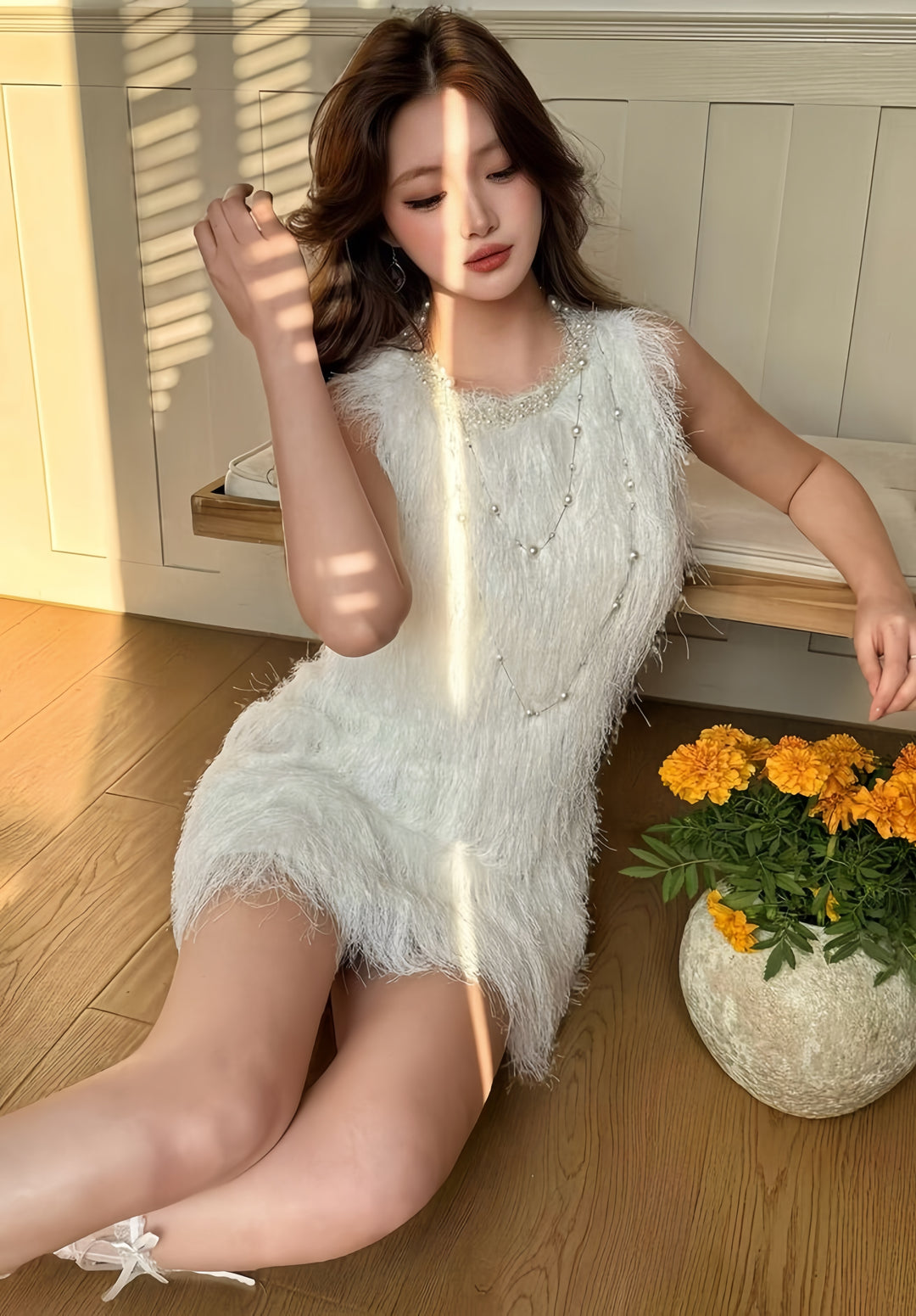 【dress】パール付きフリンジミニワンピース　K0592