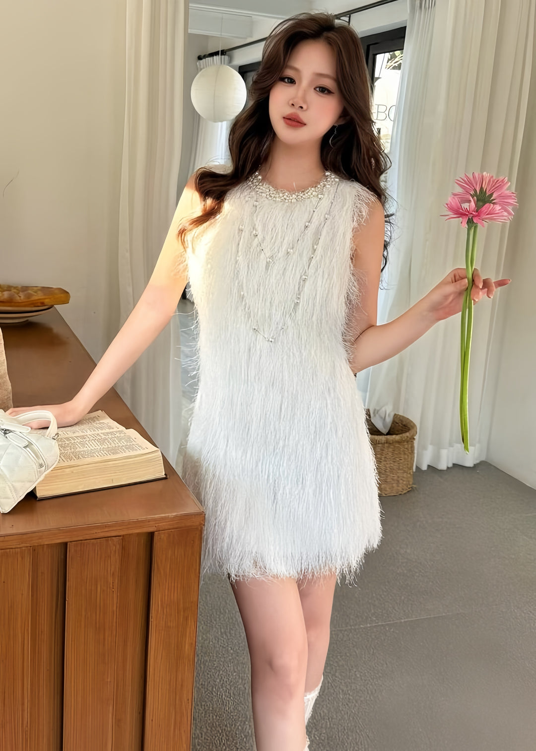 【dress】パール付きフリンジミニワンピース　K0592
