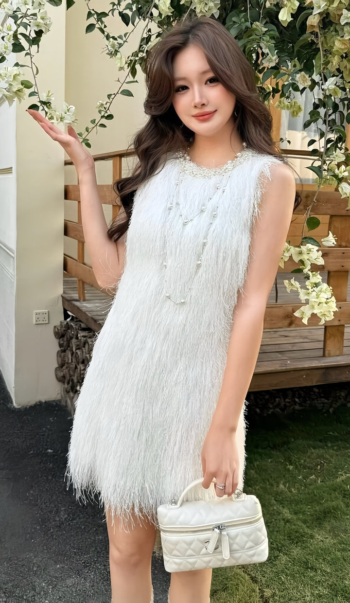 【dress】パール付きフリンジミニワンピース　K0592