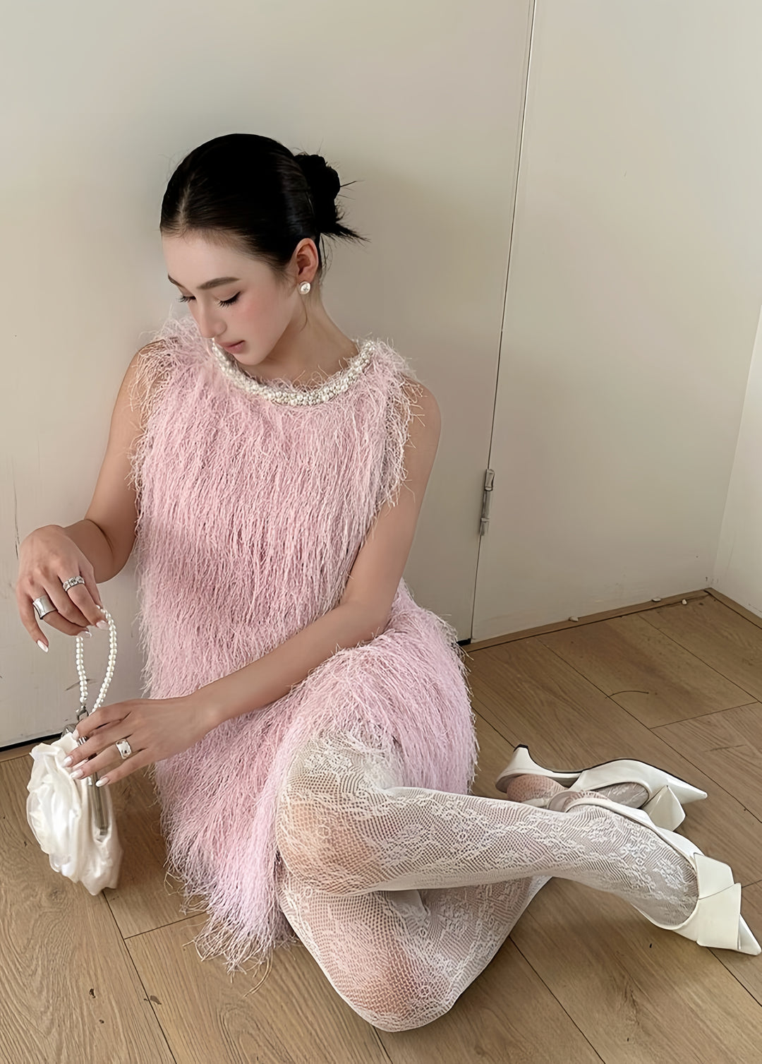 【dress】パール付きフリンジミニワンピース　K0592