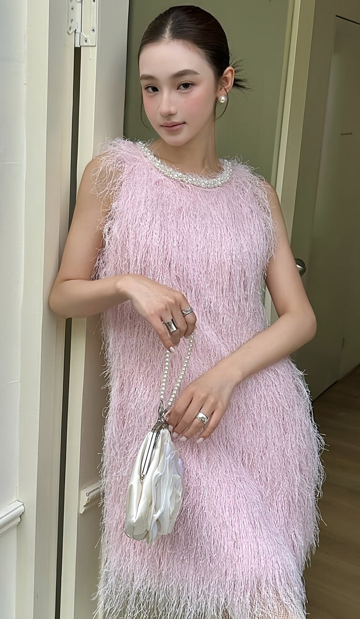 【dress】パール付きフリンジミニワンピース　K0592