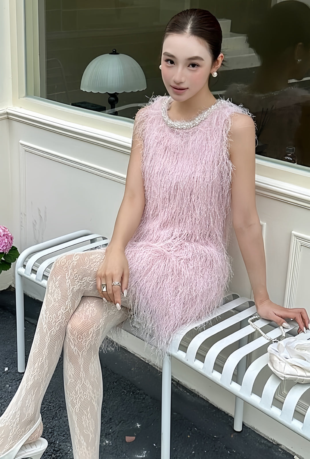 【dress】パール付きフリンジミニワンピース　K0592