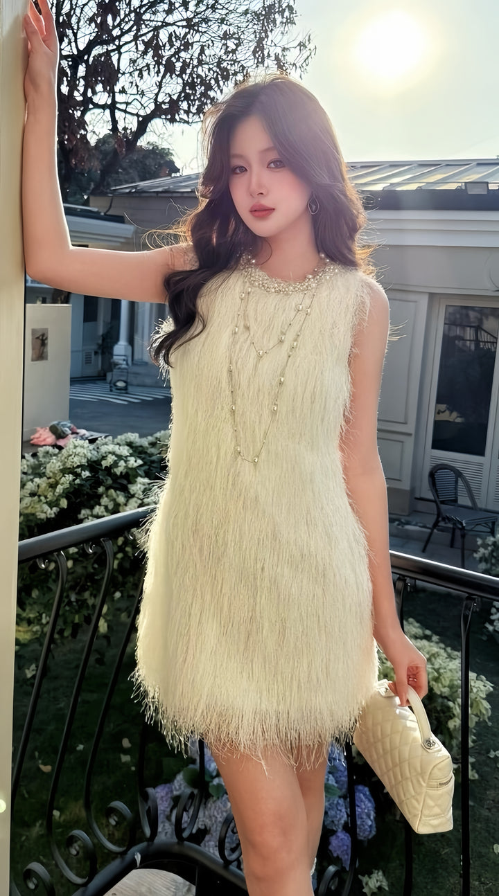 【dress】パール付きフリンジミニワンピース　K0592