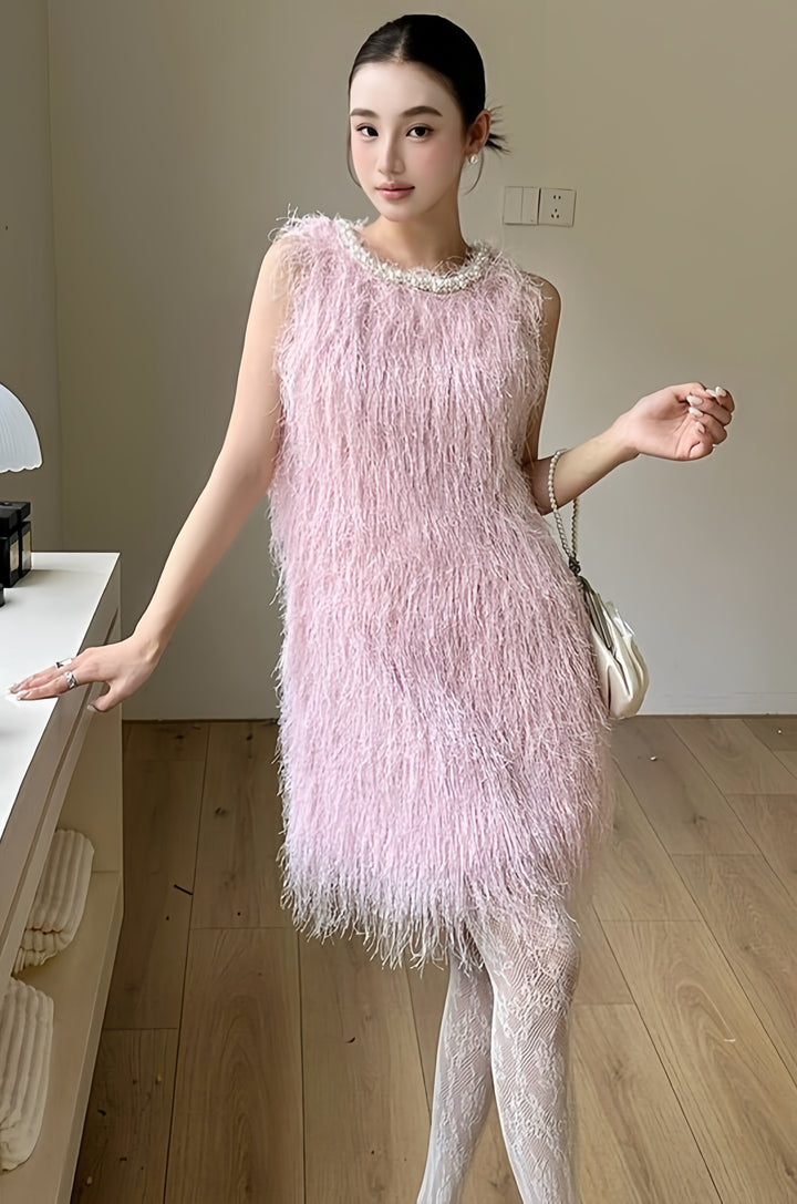 【dress】パール付きフリンジミニワンピース　K0592